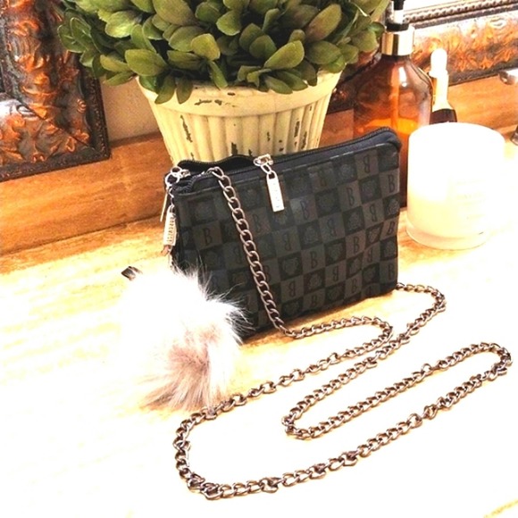 BORGHESE ROMA Crossbody Satin GEO w Shoulder Strap Chain & Faux Fur Pom Charm - Picture 11 of 14